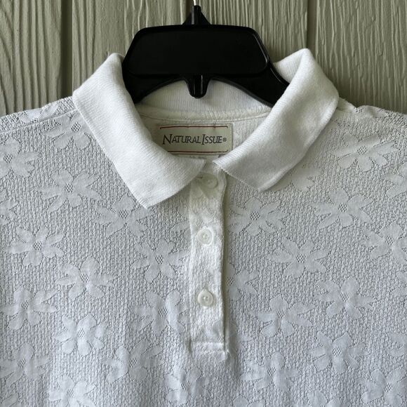 VTG 80s 90s Natural Issue White Daisy Jacquard Polo Shirt Semi Sheer L - Picture 1 of 7